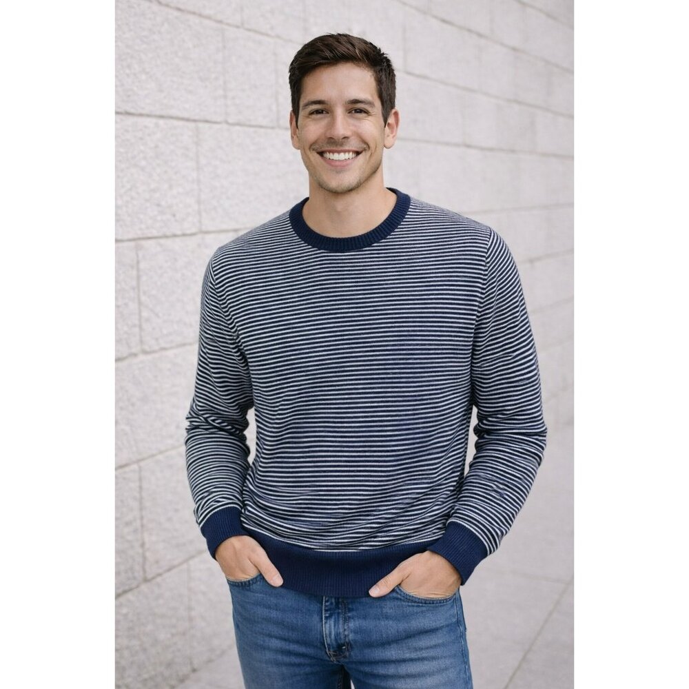 JCP Penny Extra Fine Merino Wool Striped Sweater Navy & White Mens Large